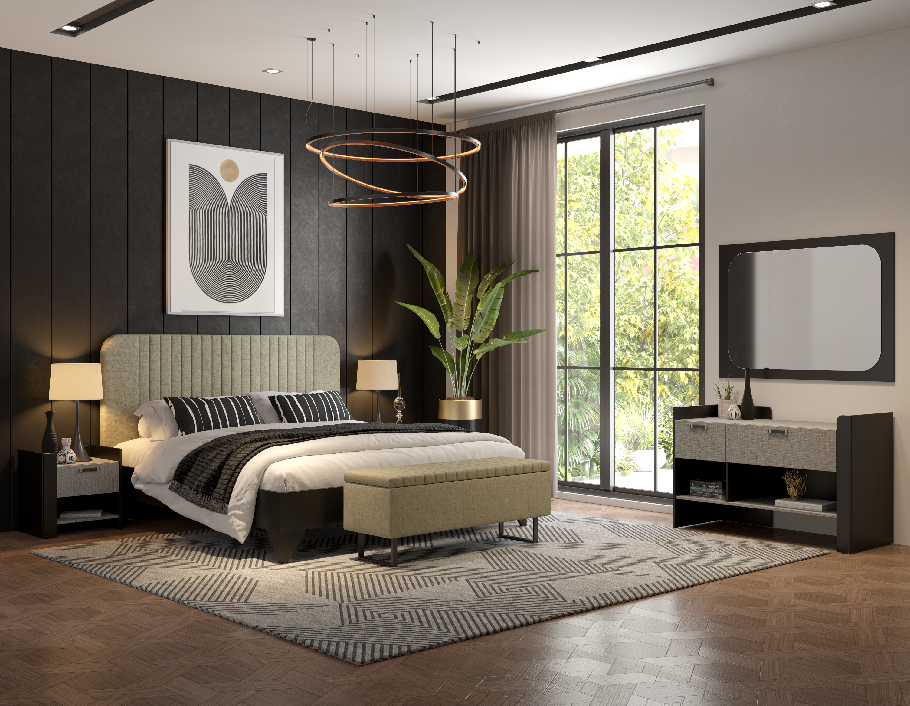 Kav King Bed Set (Bed+Bed Side Tables+Dresser+Mirror)