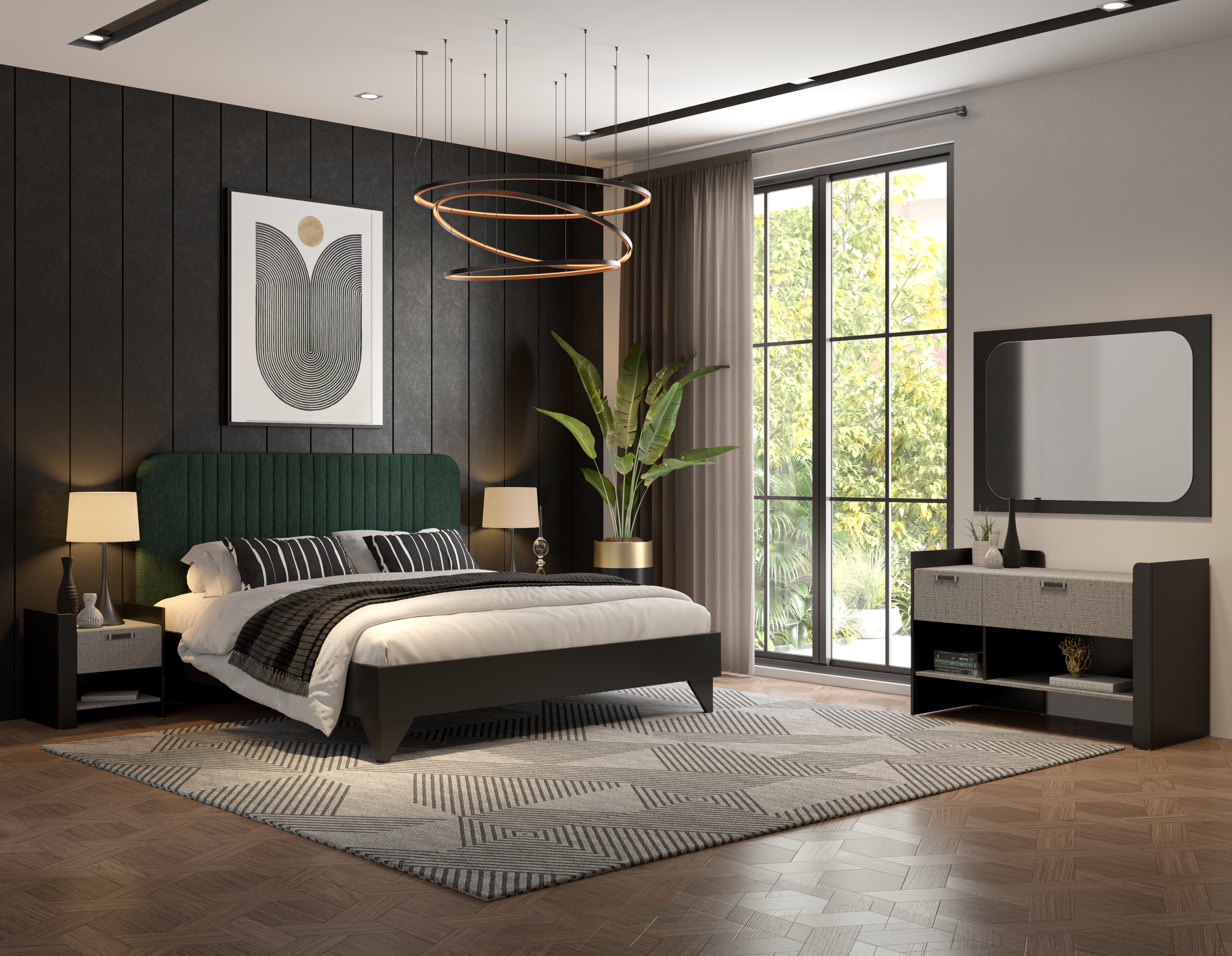 Kav King Bed Set (Bed+Bed Side Tables+Dresser+Mirror)