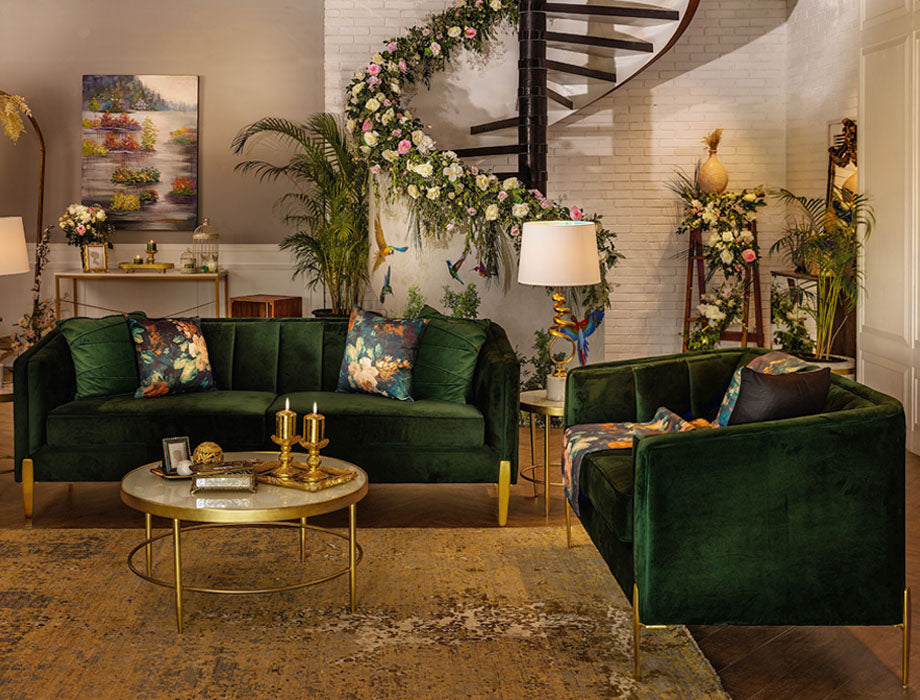 Lodge sofa set in green color velvet